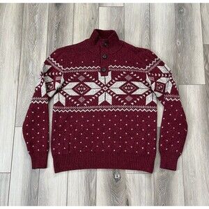 American Eagle Sweater Mens S 1/4 Button Mock Neck Snowflakes Red Beige Pullover